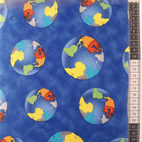 Patchwork stof blå bund med verdenskort