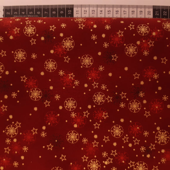 Patchwork stof jul, rød meleret med guld stjerner, sne krystaller og guld drys