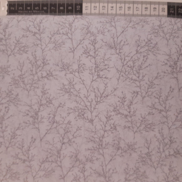 Bagside patchwork stof lysgrå bund  med små grene, ekstra bred 270 cm