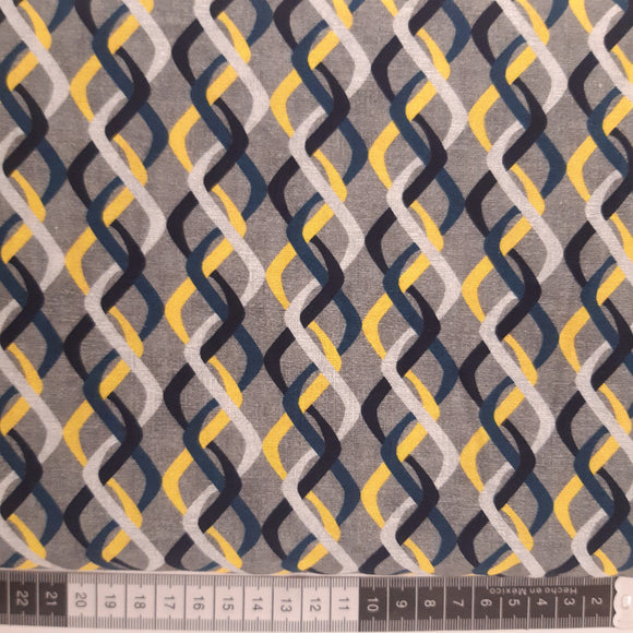 Patchwork stof, grå melange med gule og sorte streger der fletter