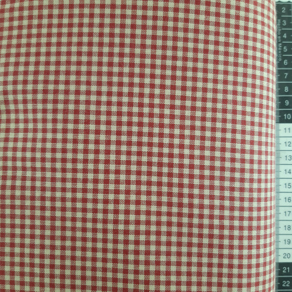 Patchwork stof, røde og råhvide vævede tern 160 cm bred
