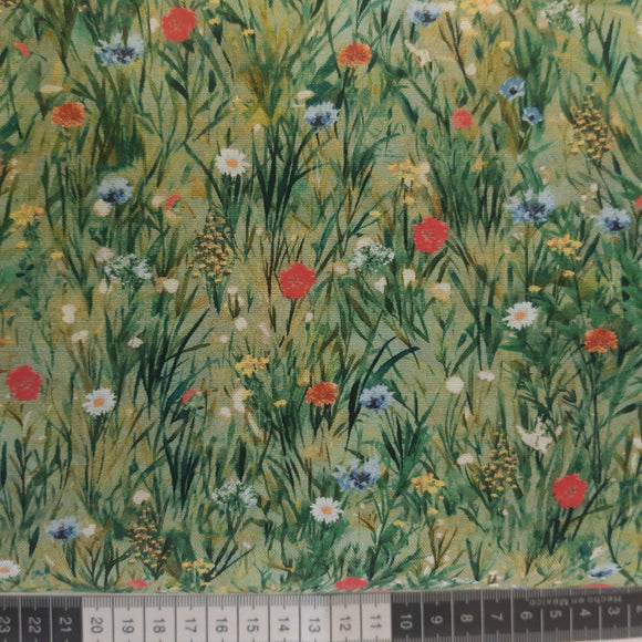Patchwork stof, markens vilde blomster i græs.