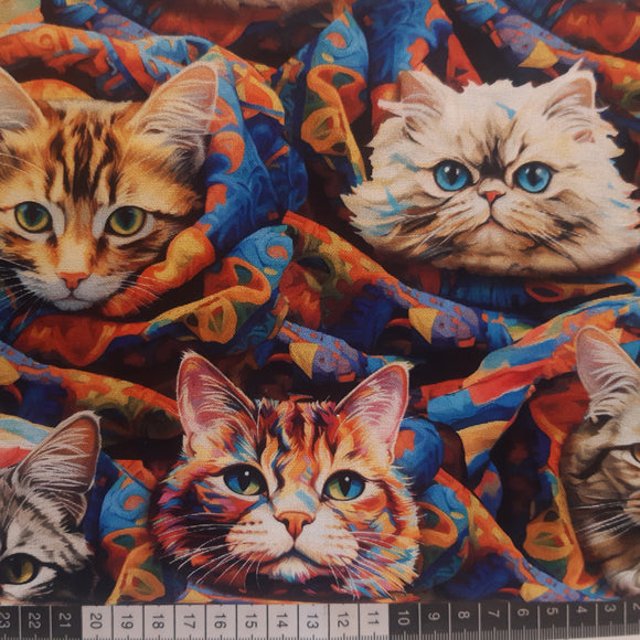 Patchwork stof, søde, legesyge katte der gemmer sig i blåt og orange stof.