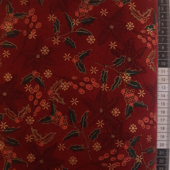 Patchwork stof jul, rød meleret med julestjerner kristjørn grønne blade og røde bær.