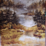 Panel patchwork stof, natur landskab i stof gyldne farver.