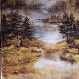 Panel patchwork stof, natur landskab i stof gyldne farver.