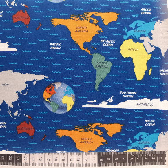 Patchwork stof blå bund med verdenskort