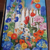 Panel Patchwork stof, motiv med blomster stakit og kolibri i alle farver