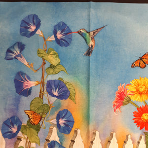 Panel Patchwork stof, motiv med blomster stakit og kolibri i alle farver