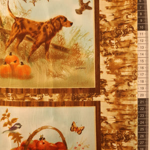 Panel patchwork stof beige bund, motiv jagt hunde i høst farver