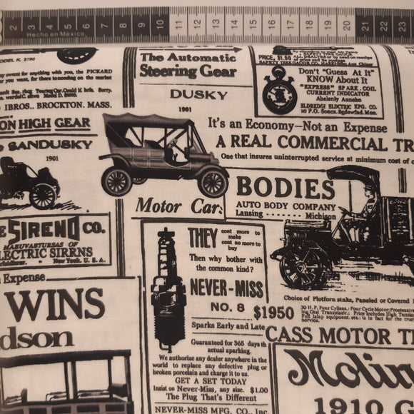 Patchwork stof, hvid bund med tekst avis udklip med gamle biler