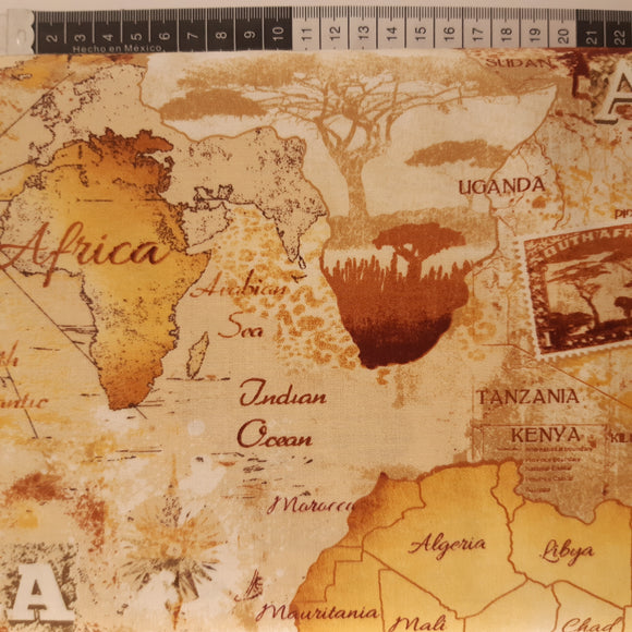 Patchwork stof, beige brunt stof med kort over Afrika
