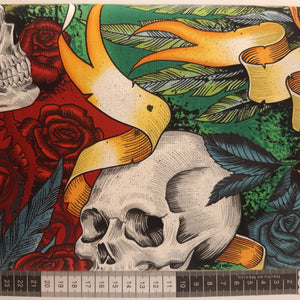 Panel Patchwork stof, stor mønstret, farverige blomster og kranie