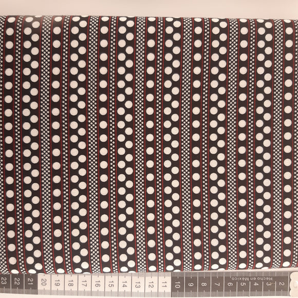 Patchwork stof, sort med smalle røde striber og hvide prikker