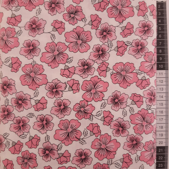 Patchwork stof, hvid med lyserøde blomster, stedmoderblomster