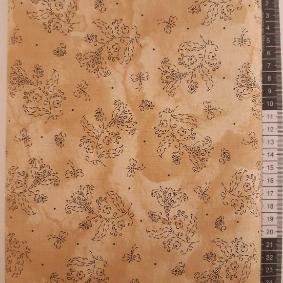 Patchwork stof, beige meleret med sort mønster af blomster og sommerfugle