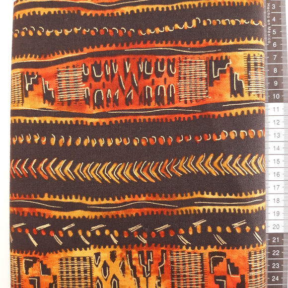 Patchwork stof, rød brun beige sort guld, borter i masai farver