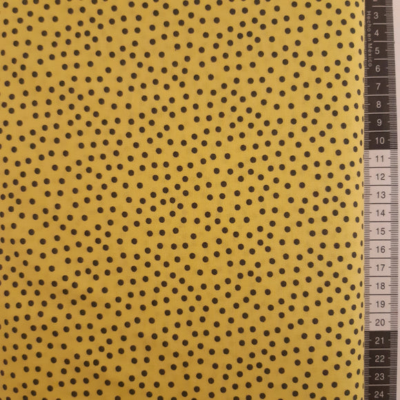 Patchwork stof, gul med små sorte prikker, dots