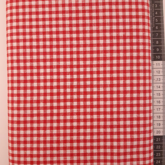 Patchwork stof, røde og hvide vævede tern 140 cm bred
