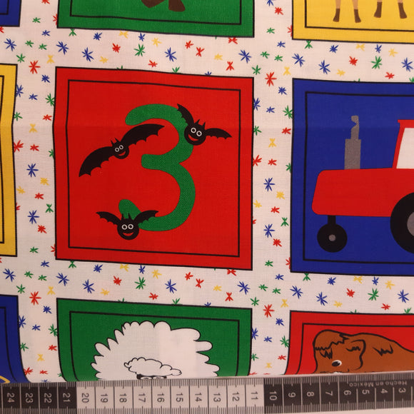 Patchwork stof, felter med børne motiver ca 8 x 8 cm i klare legoklodse farver