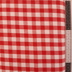 Patchwork stof, røde og hvide vævede 1 cm tern 140 cm bred