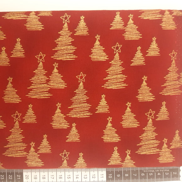 Patchwork stof jul, rød med små abstrakte juletræer i guld
