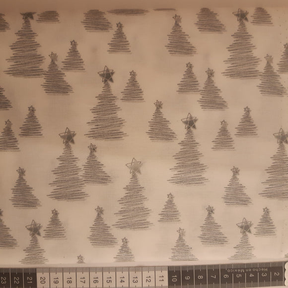 Patchwork stof jul, hvid med små grå og sølv abstrakte juletræer.