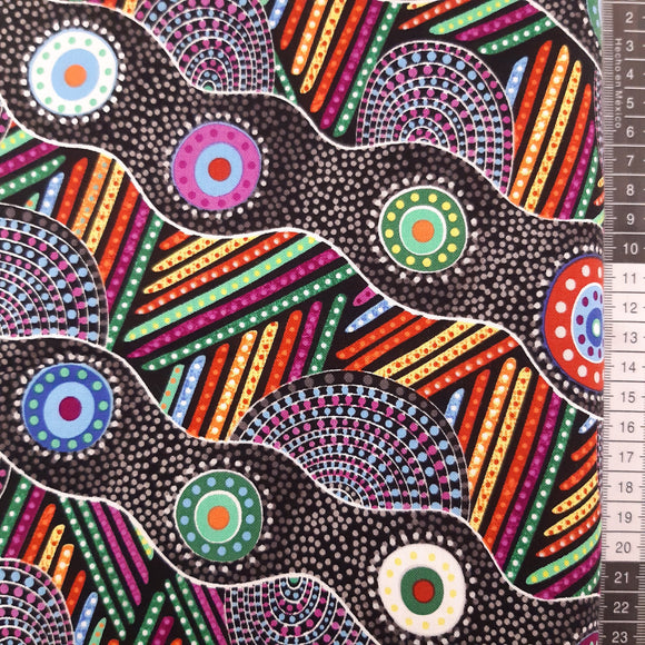 Patchwork stof, sort med fantastisk flot mønster i klare multifarver.