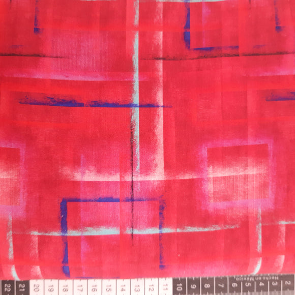 Patchwork stof, pink med blå og turkise streger der danner mønster.