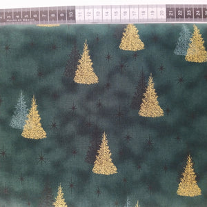 Patchwork stof mørk grøn meleret med guld, hvide og grønne juletræer