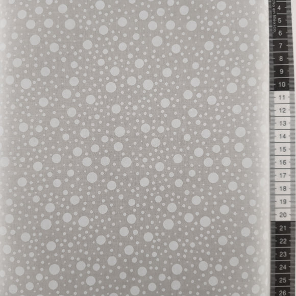 Patchwork stof, grå bund med forskellige størrelse runde cirkler