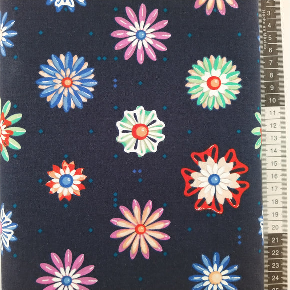 Patchwork stof, mørkeblå bund med store kreative farverige blomster .