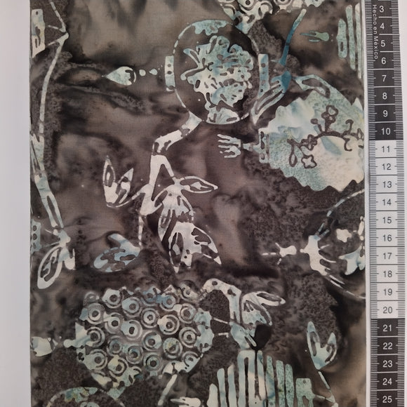 Patchwork stof, grå meleret bund med stort mønstret inspireret af japansk design