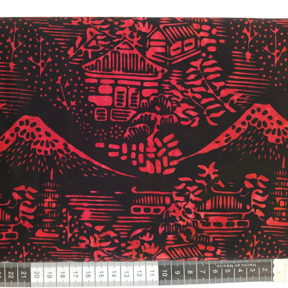 Patchwork stof, sort bund med japansk inspireret motiv med landskab og huse i rødt